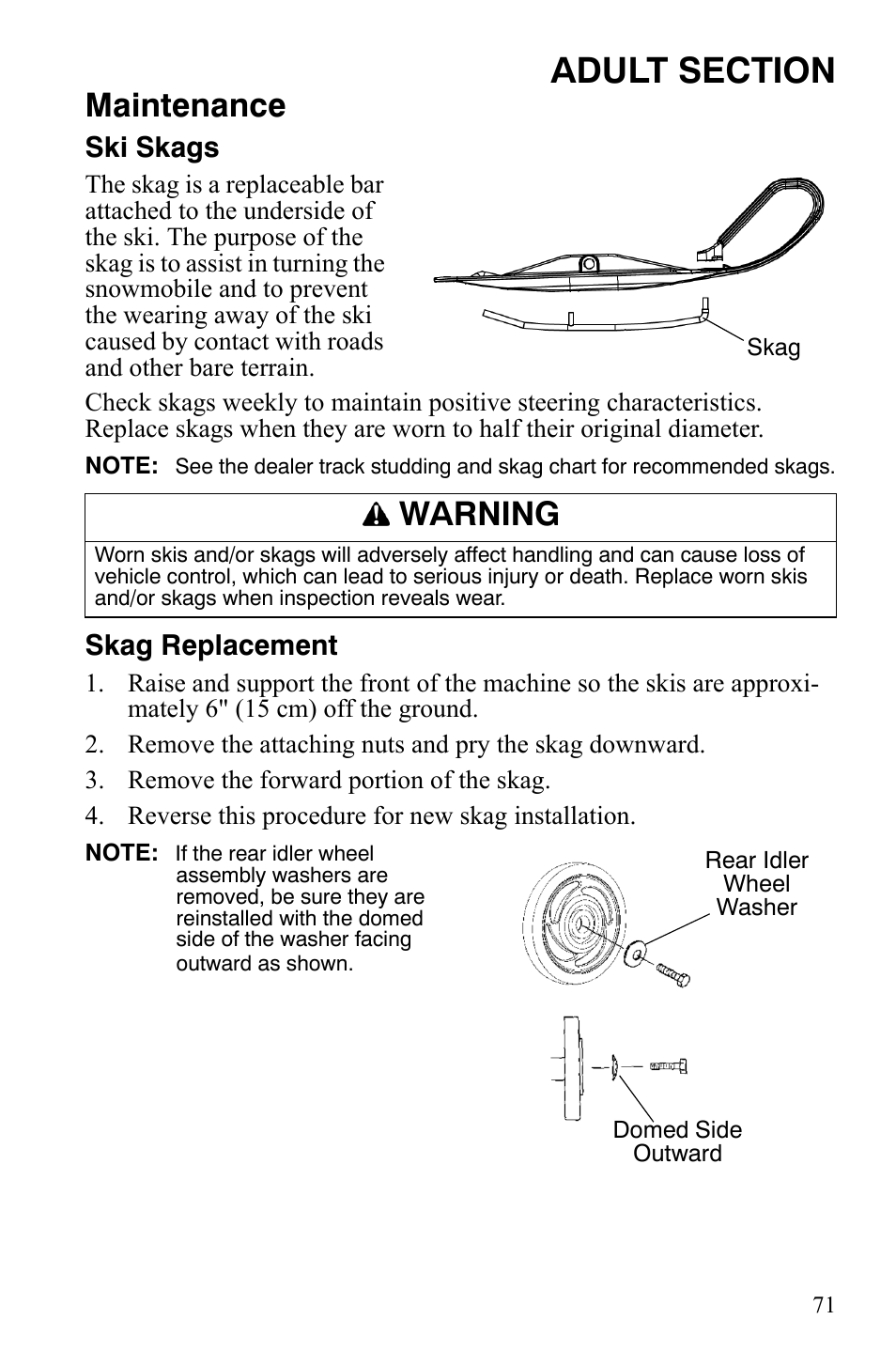 Maintenance, Warning, Ski skags | Skag replacement | Polaris 120 Youth User Manual | Page 74 / 100