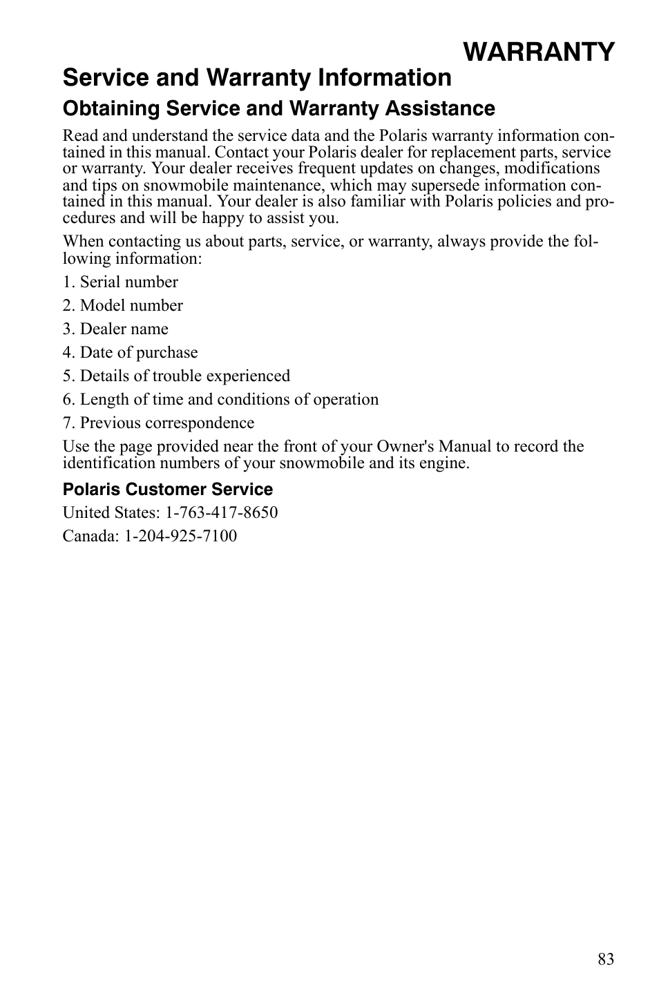 Warranty, Service and warranty information | Polaris 120 Youth User Manual | Page 86 / 100