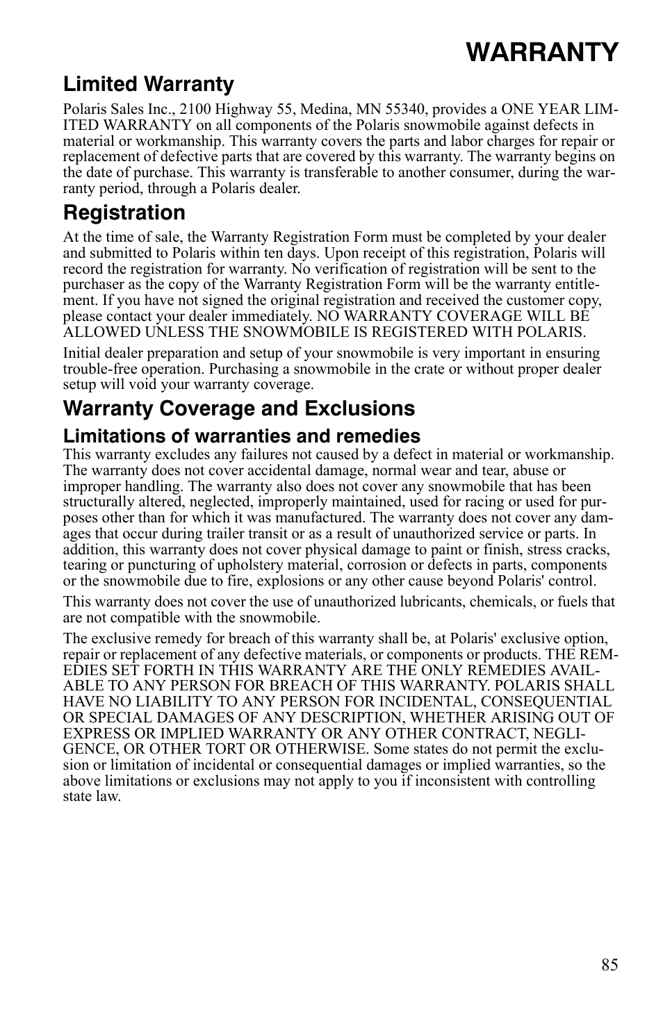 Warranty, Limited warranty, Registration | Warranty coverage and exclusions, Limitations of warranties and remedies | Polaris 120 Youth User Manual | Page 88 / 100