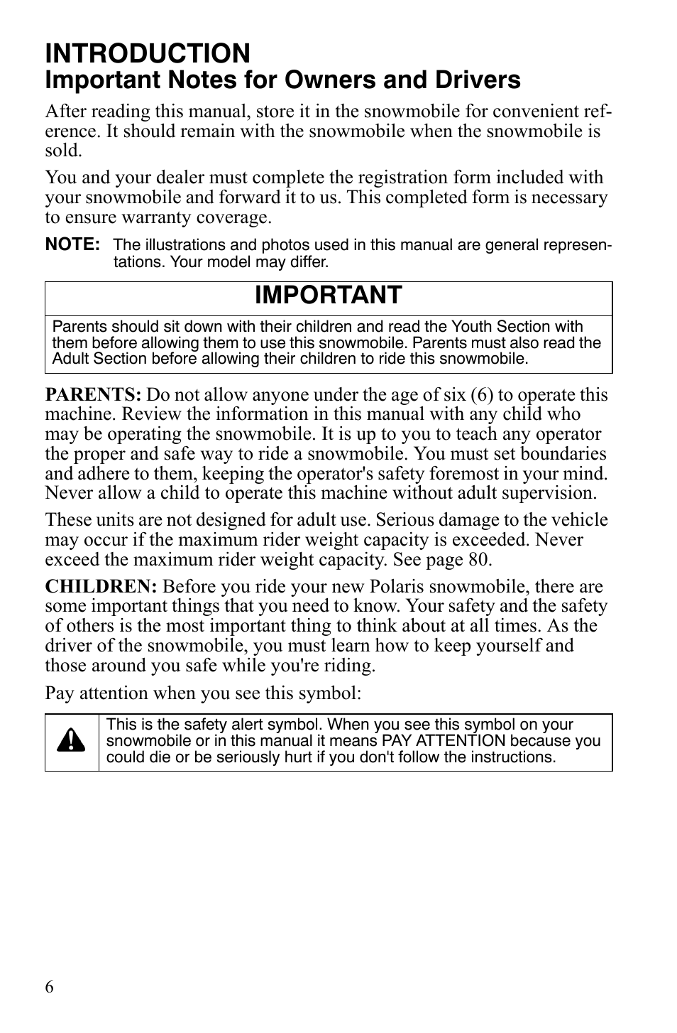 Introduction, Important | Polaris 120 Youth User Manual | Page 9 / 100