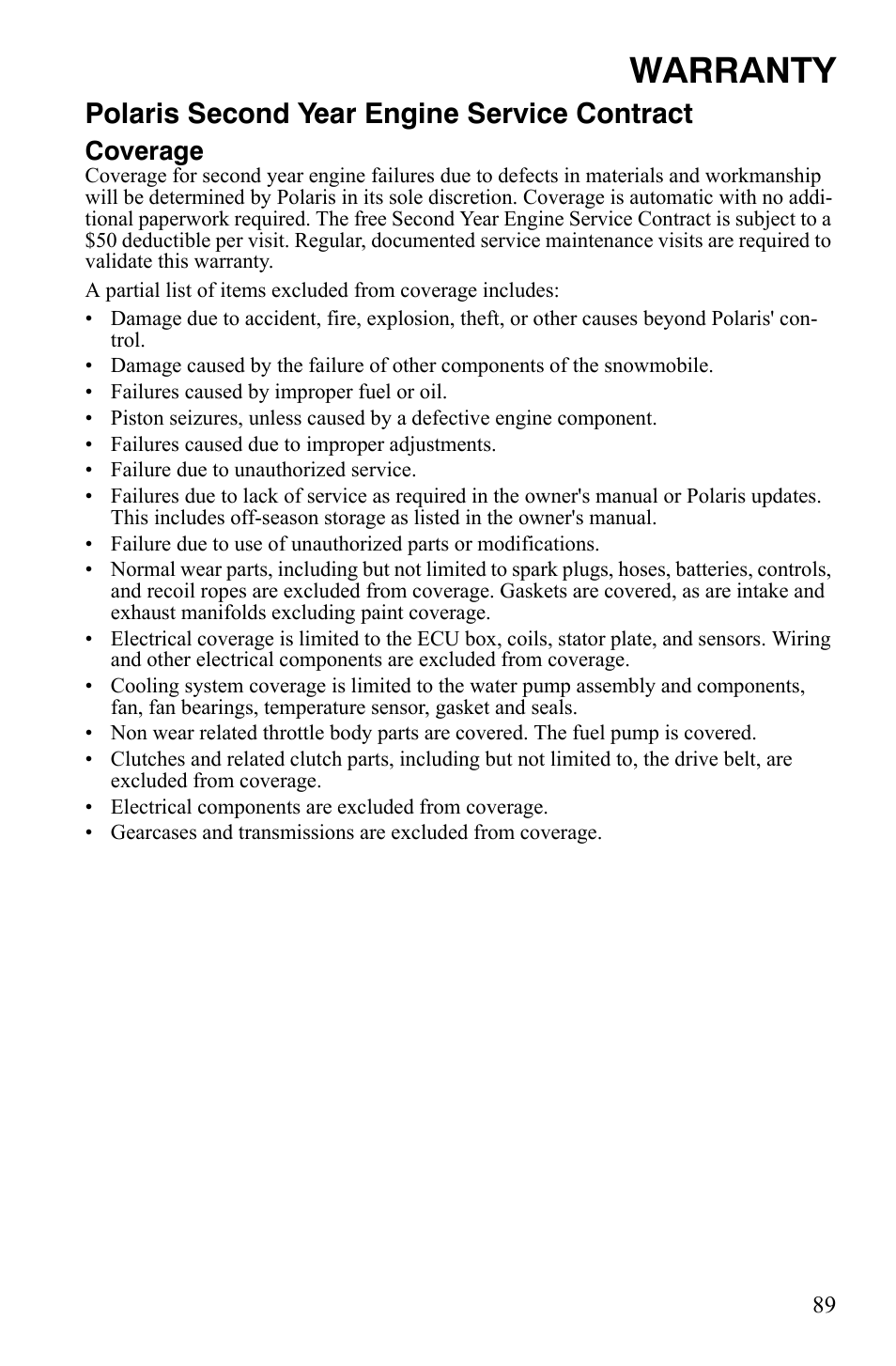 Warranty, Polaris second year engine service contract, Coverage | Polaris 120 Youth User Manual | Page 92 / 100