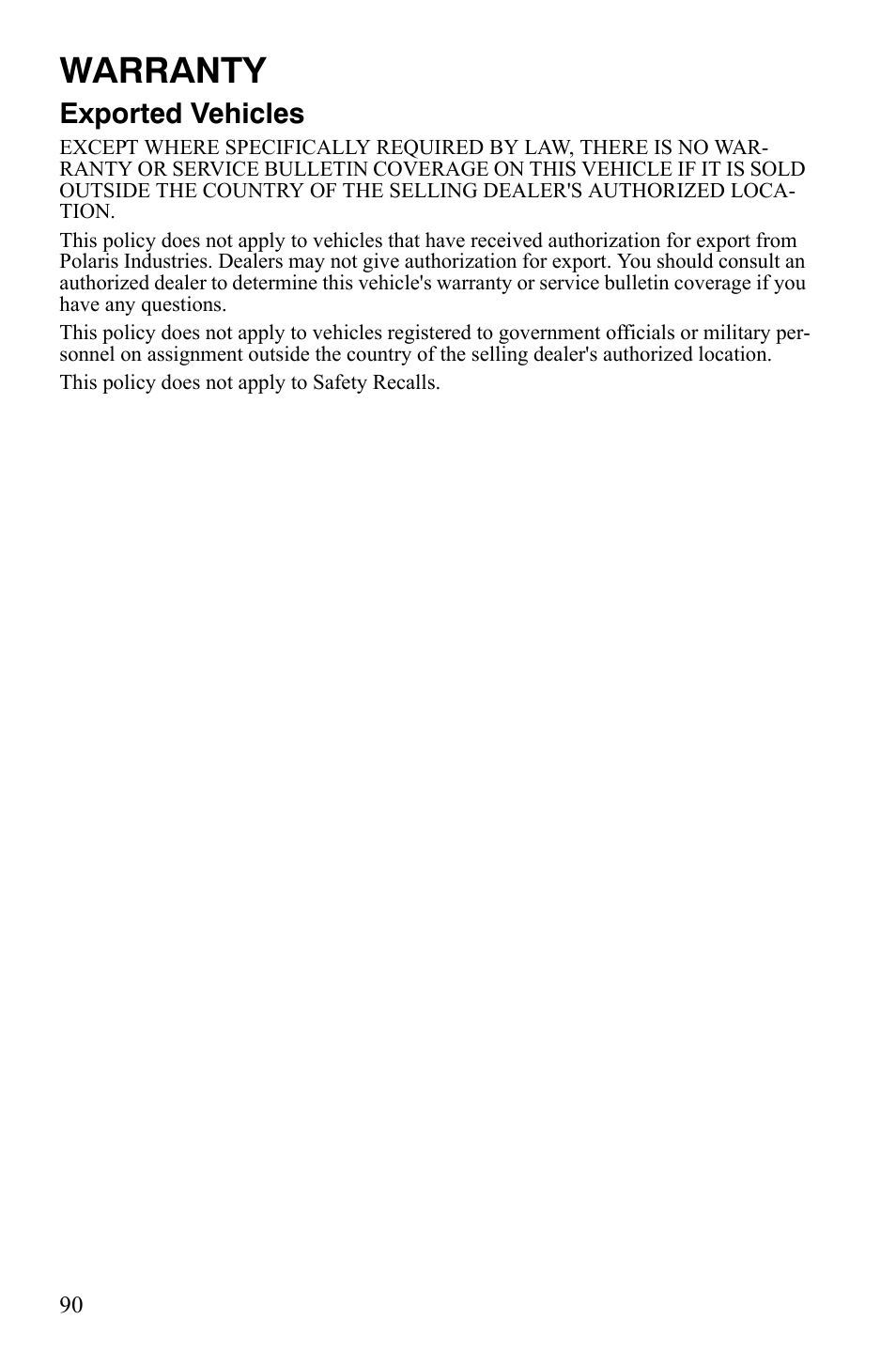 Warranty, Exported vehicles | Polaris 120 Youth User Manual | Page 93 / 100