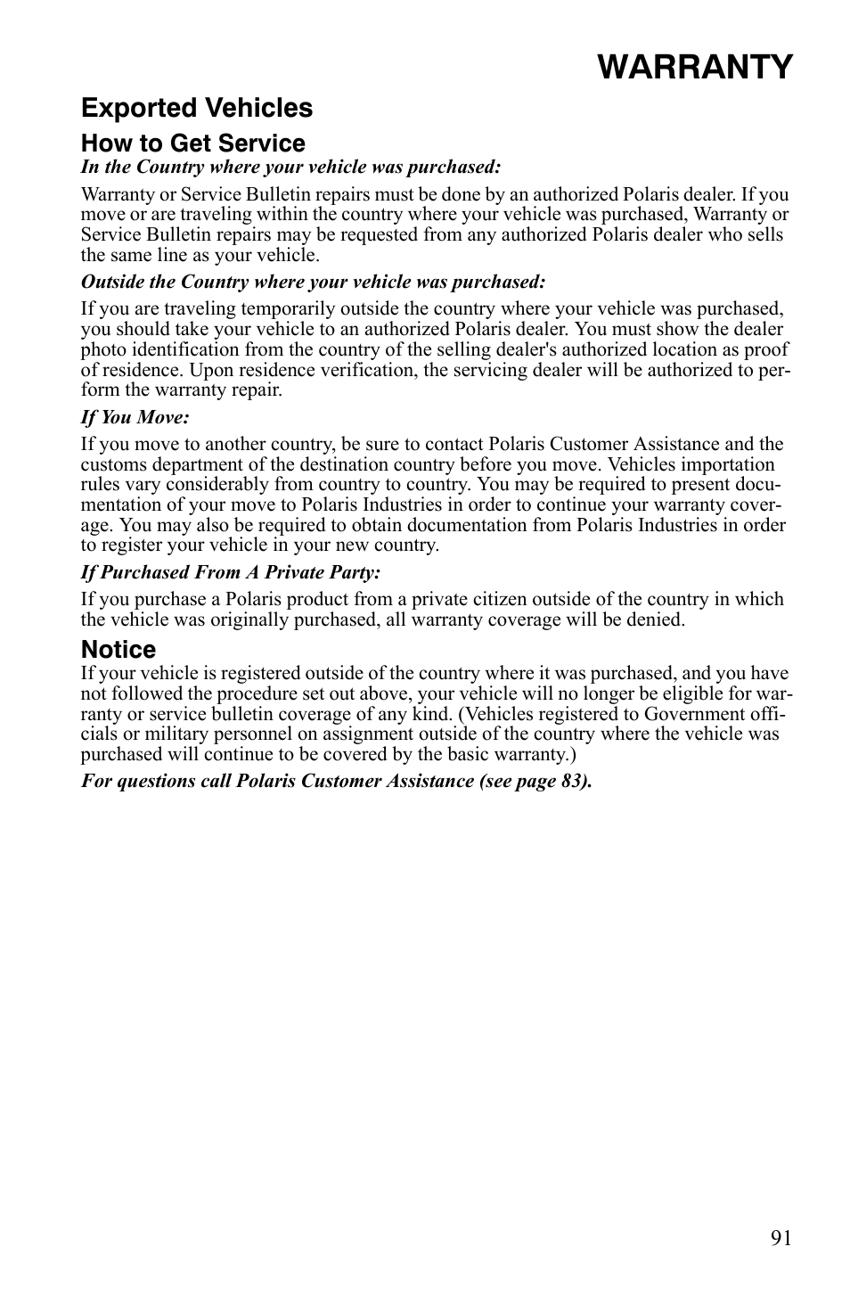 Warranty, Exported vehicles, How to get service | Notice | Polaris 120 Youth User Manual | Page 94 / 100