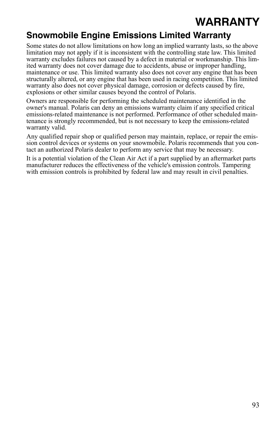 Warranty, Snowmobile engine emissions limited warranty | Polaris 120 Youth User Manual | Page 96 / 100