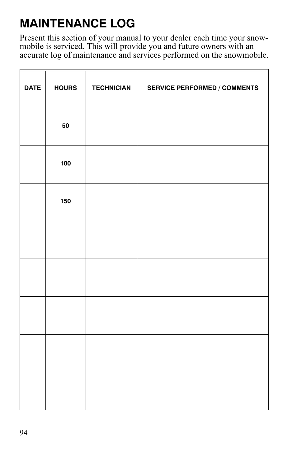 Maintenance log | Polaris 120 Youth User Manual | Page 97 / 100
