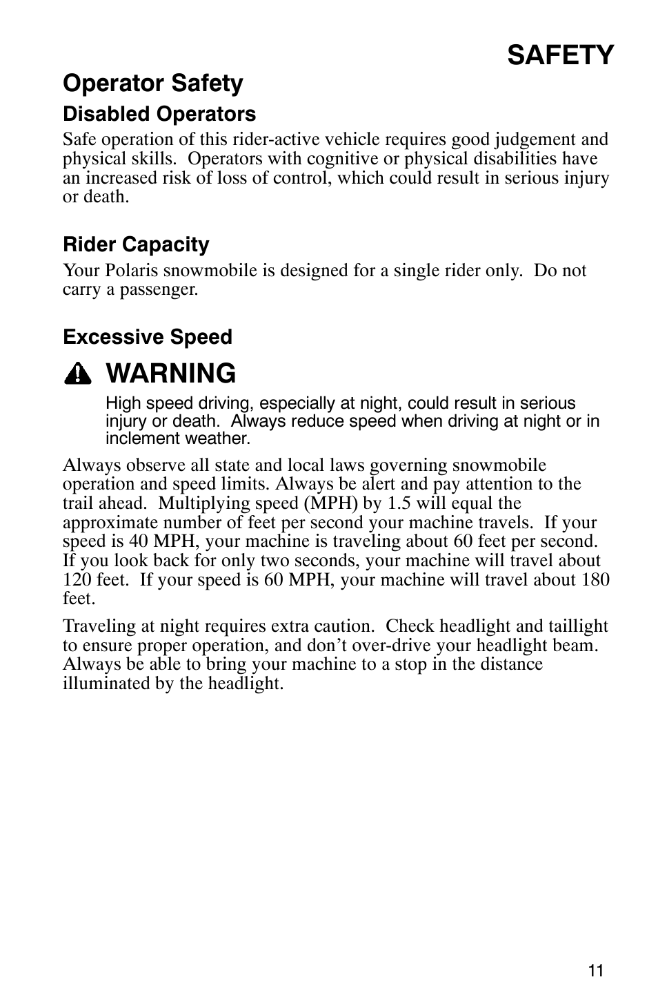 Safety, Warning, Operator safety | Polaris 440 IQ User Manual | Page 14 / 118