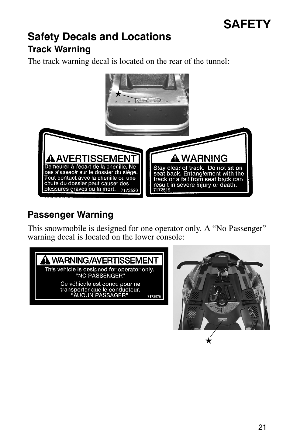 Safety, Safety decals and locations | Polaris 440 IQ User Manual | Page 24 / 118