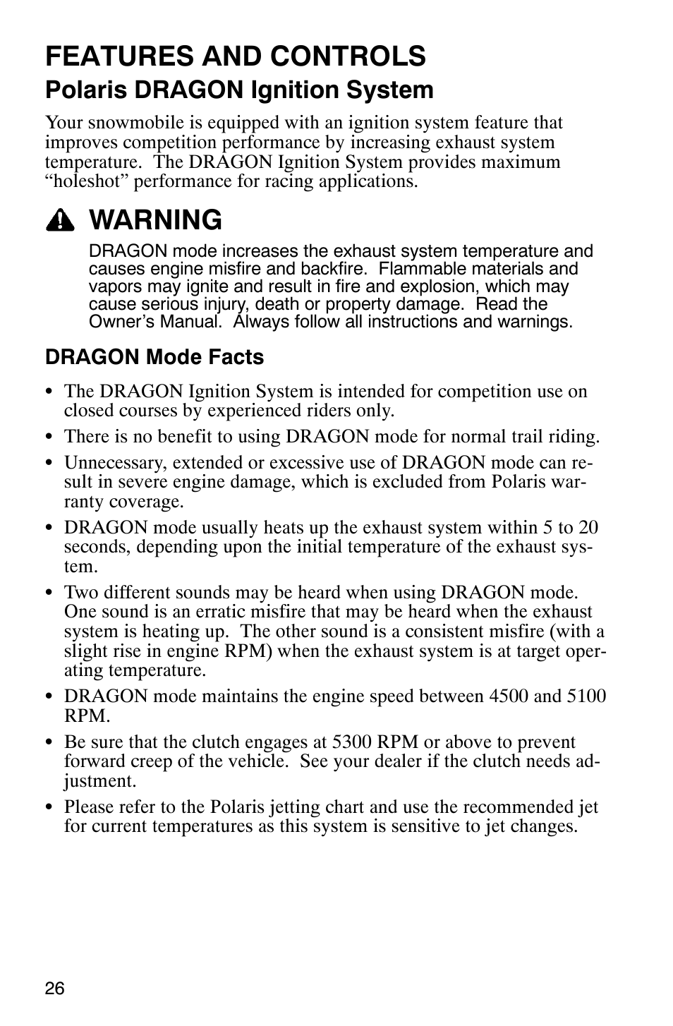 Features and controls, Warning, Polaris dragon ignition system | Polaris 440 IQ User Manual | Page 29 / 118