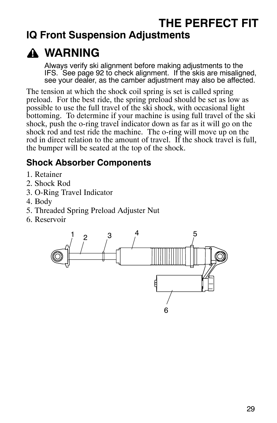 The perfect fit, Warning, Iq front suspension adjustments | Polaris 440 IQ User Manual | Page 32 / 118