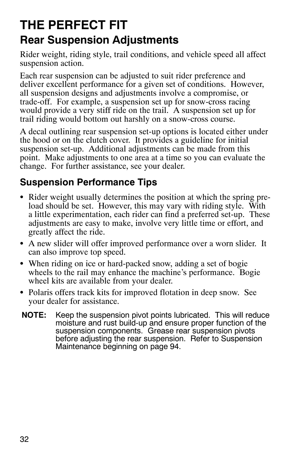 The perfect fit, Rear suspension adjustments | Polaris 440 IQ User Manual | Page 35 / 118