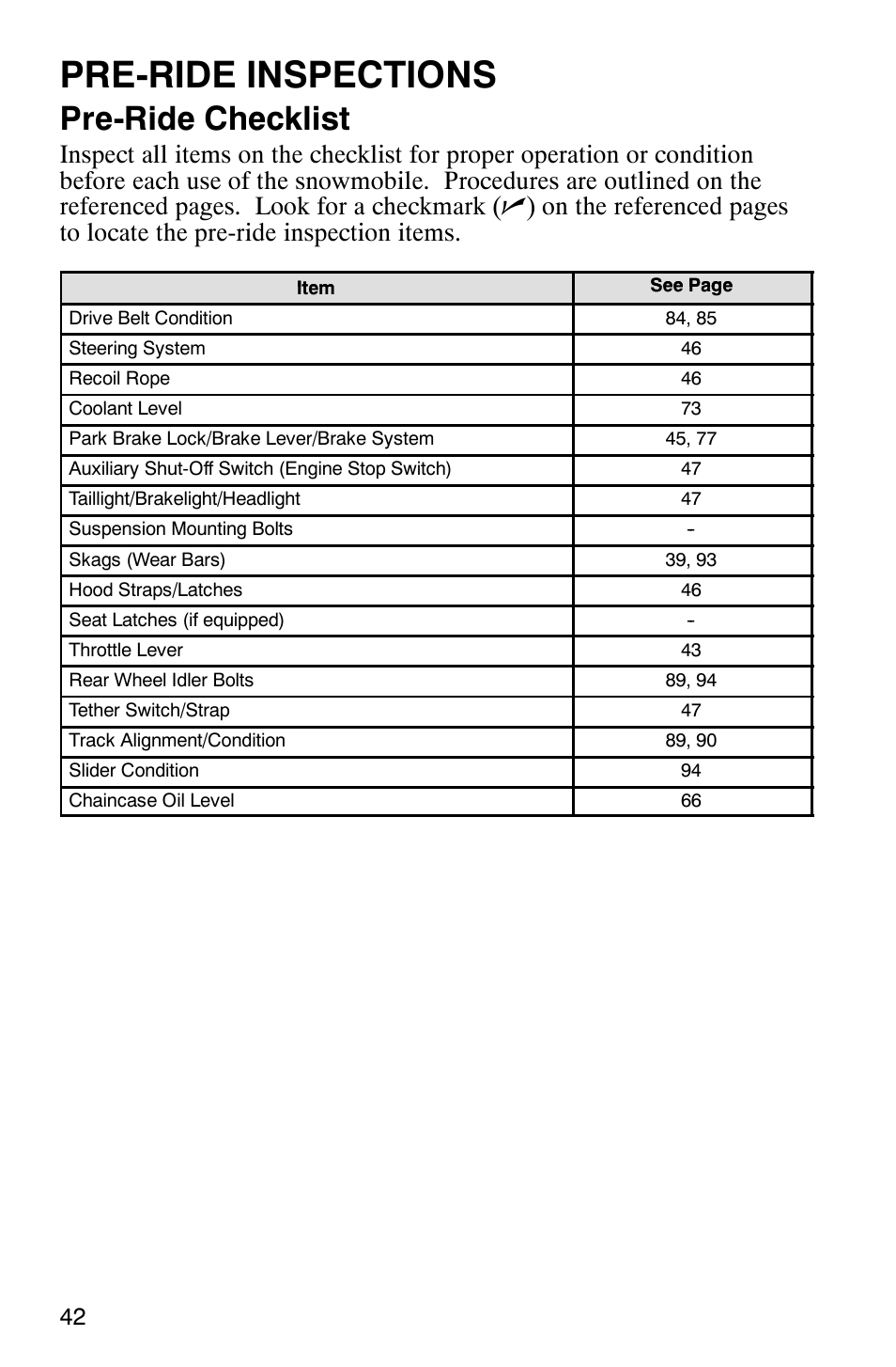 Pre-ride inspections, Pre-ride checklist | Polaris 440 IQ User Manual | Page 45 / 118