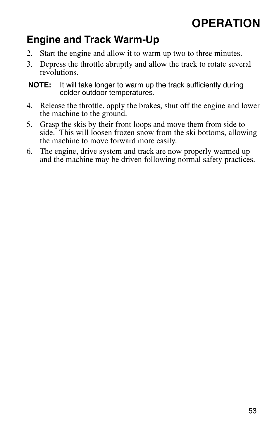 Operation, Engine and track warm-up | Polaris 440 IQ User Manual | Page 56 / 118