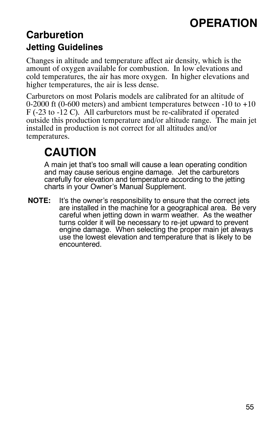 Operation, Caution, Carburetion | Polaris 440 IQ User Manual | Page 58 / 118