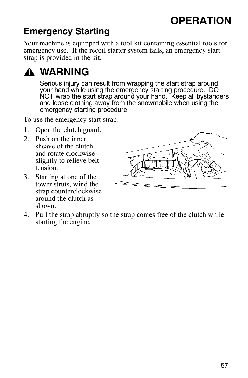 Operation, Warning, Emergency starting | Polaris 440 IQ User Manual | Page 60 / 118