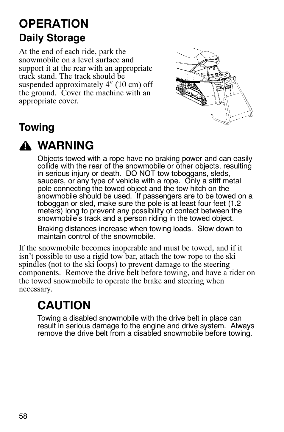 Operation, Warning, Caution | Daily storage, Towing | Polaris 440 IQ User Manual | Page 61 / 118