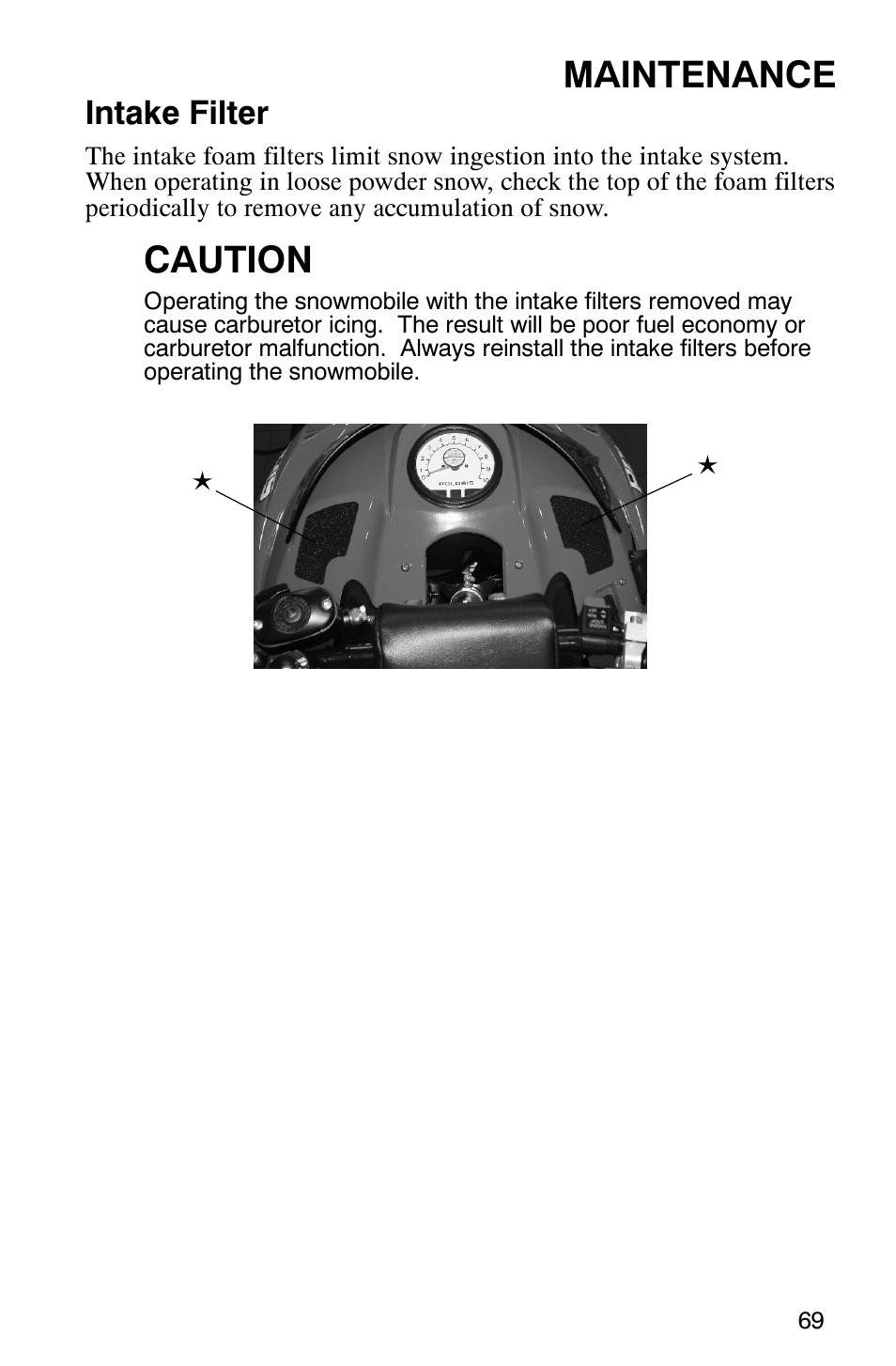 Maintenance, Caution, Intake filter | Polaris 440 IQ User Manual | Page 72 / 118