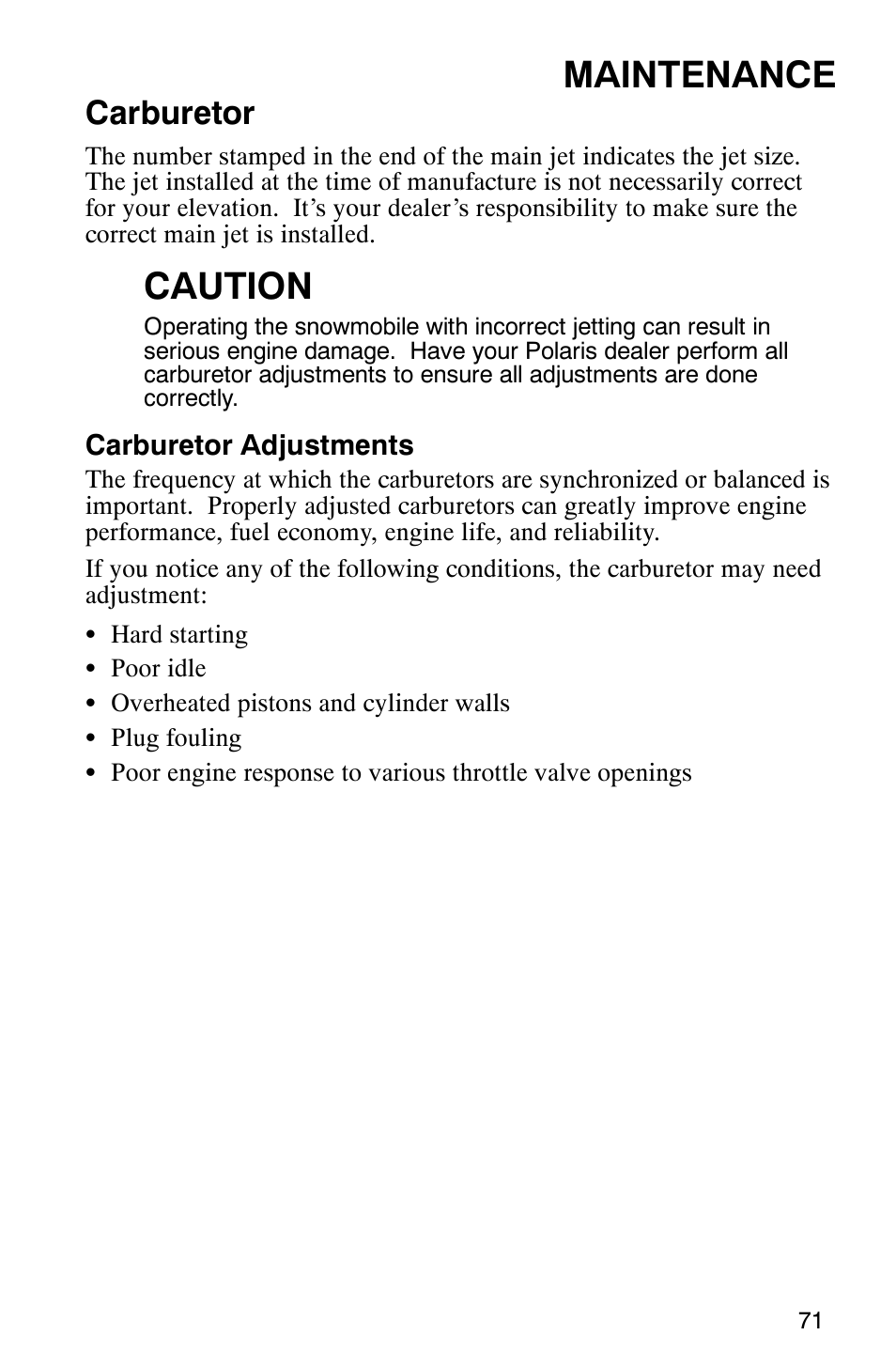 Maintenance, Caution, Carburetor | Polaris 440 IQ User Manual | Page 74 / 118