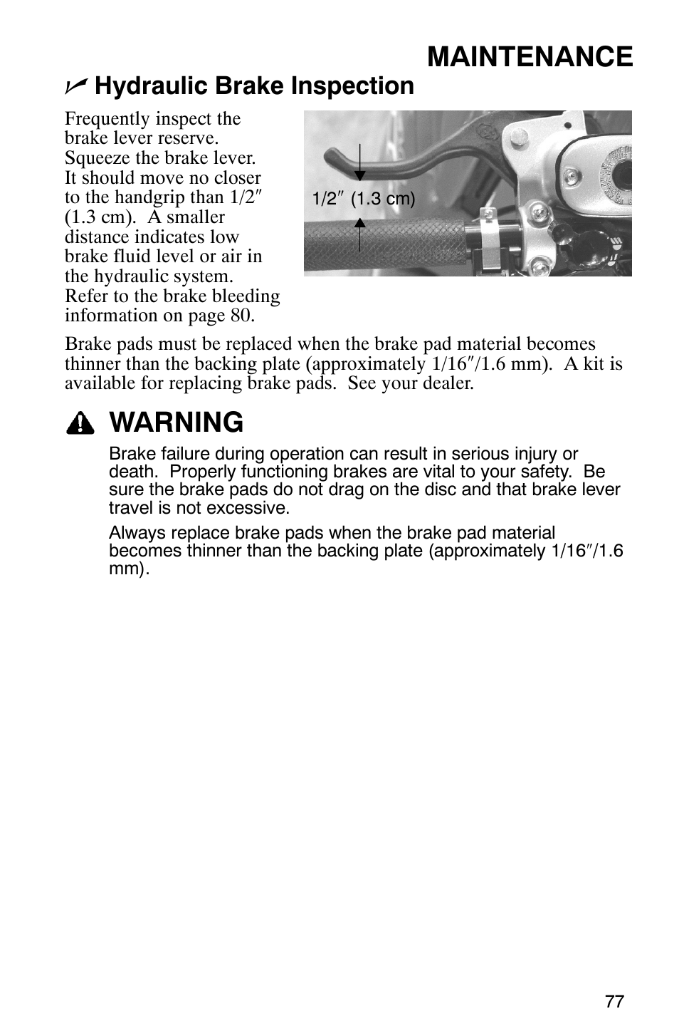 Maintenance, Warning, Nhydraulic brake inspection | Polaris 440 IQ User Manual | Page 80 / 118