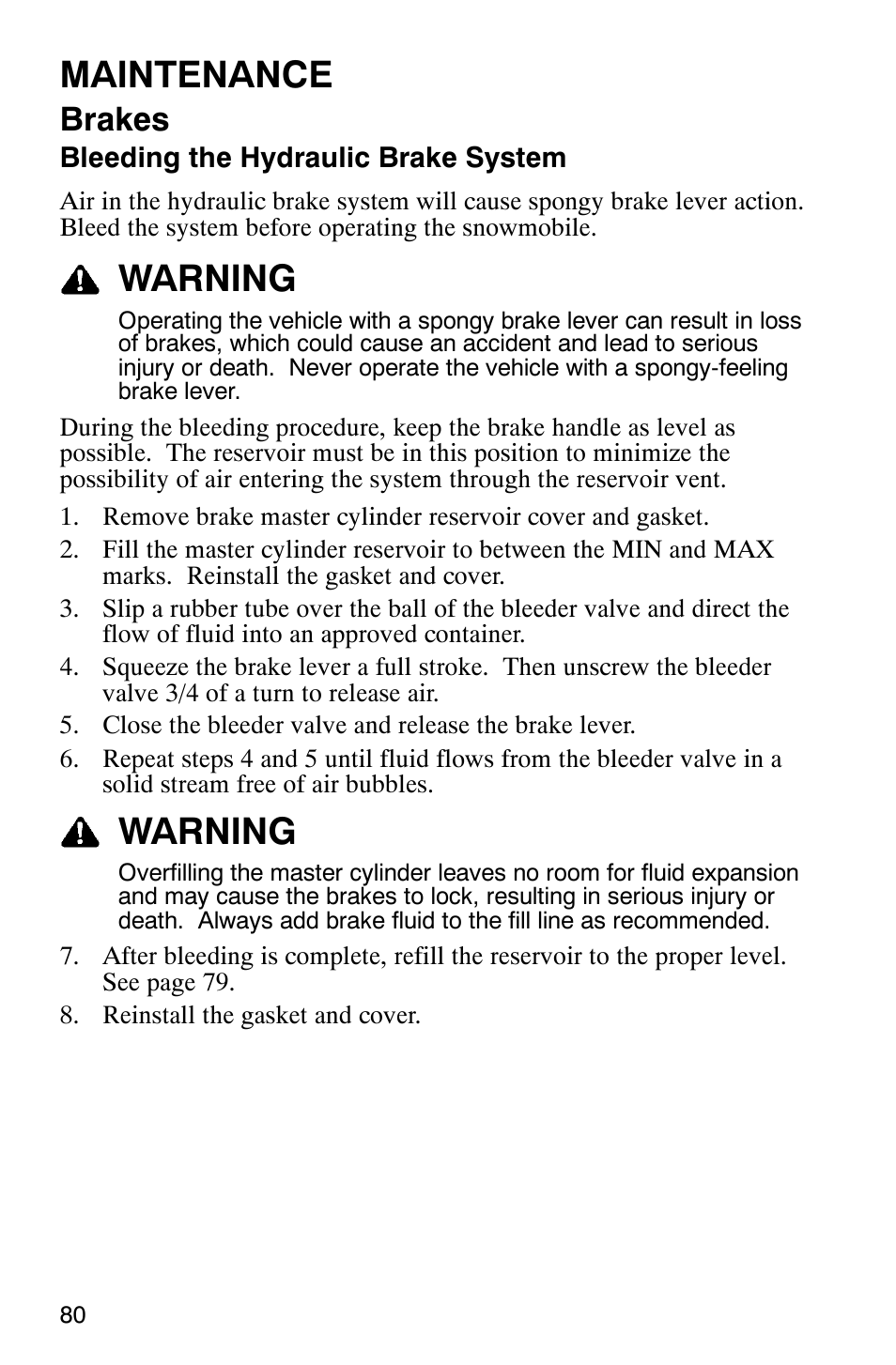 Maintenance, Warning, Brakes | Polaris 440 IQ User Manual | Page 83 / 118