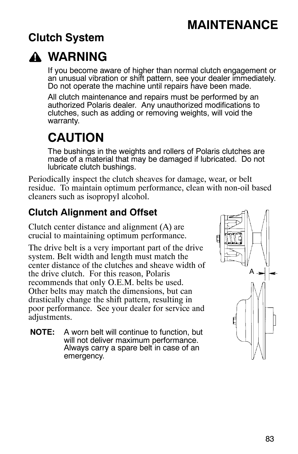 Maintenance, Warning, Caution | Clutch system | Polaris 440 IQ User Manual | Page 86 / 118