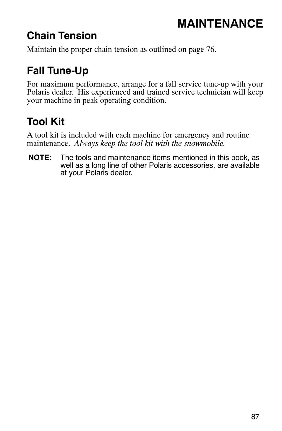 Maintenance, Chain tension, Fall tune-up | Tool kit | Polaris 440 IQ User Manual | Page 90 / 118