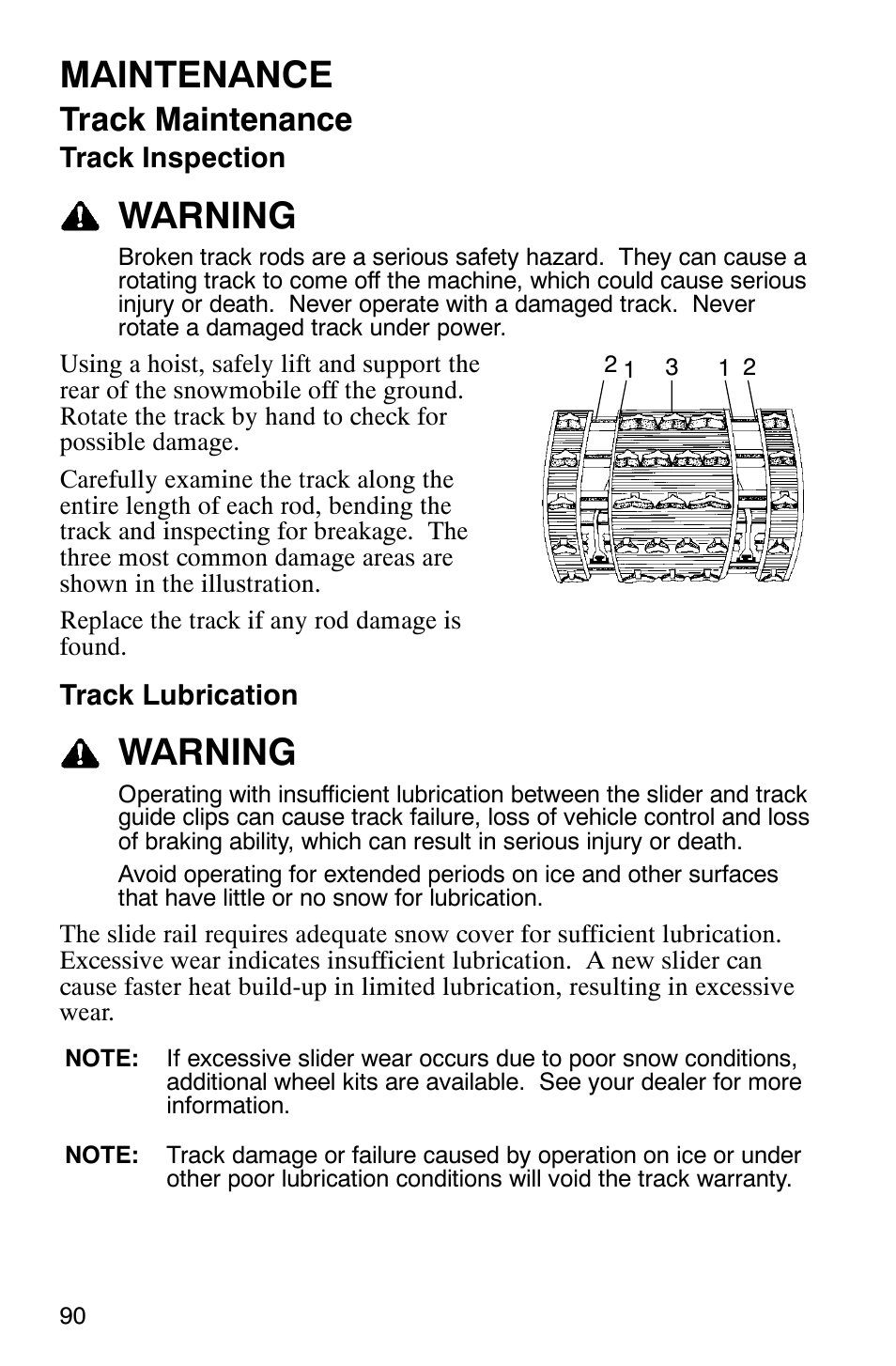 Maintenance, Warning, Track maintenance | Polaris 440 IQ User Manual | Page 93 / 118