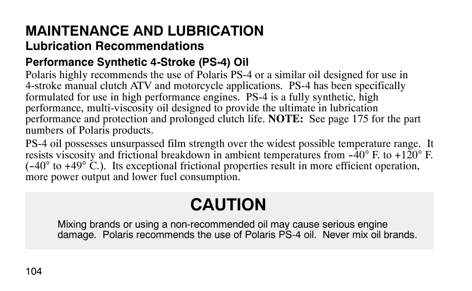 Caution, Maintenance and lubrication | Polaris Predator User Manual | Page 107 / 189