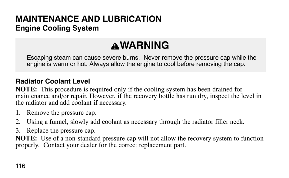 Warning, Maintenance and lubrication | Polaris Predator User Manual | Page 119 / 189