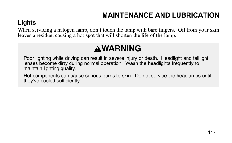 Warning, Maintenance and lubrication | Polaris Predator User Manual | Page 120 / 189