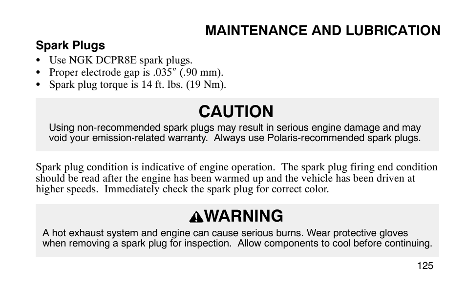 Caution warning, Maintenance and lubrication | Polaris Predator User Manual | Page 128 / 189