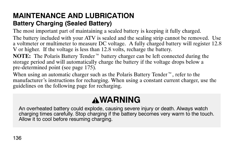 Warning, Maintenance and lubrication | Polaris Predator User Manual | Page 139 / 189