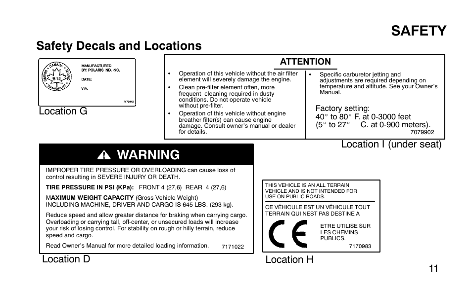 Safety, Warning, Safety decals and locations | Attention | Polaris Predator User Manual | Page 14 / 189