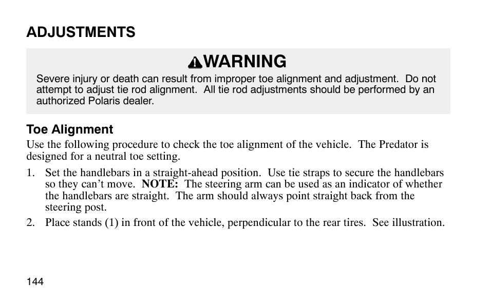Warning, Adjustments | Polaris Predator User Manual | Page 147 / 189