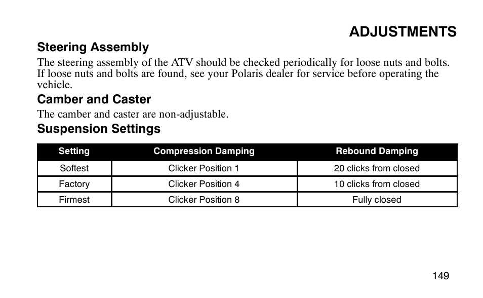 Adjustments | Polaris Predator User Manual | Page 152 / 189