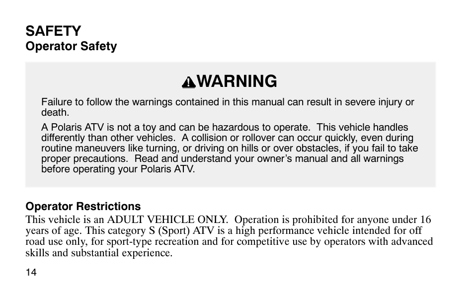 Warning, Safety | Polaris Predator User Manual | Page 17 / 189