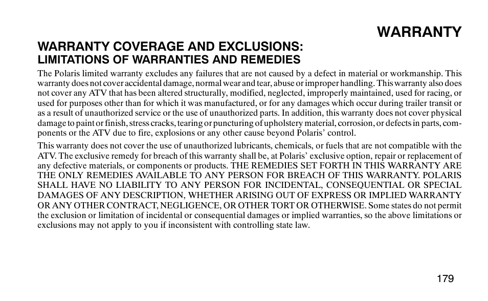 Warranty, Warranty coverage and exclusions | Polaris Predator User Manual | Page 182 / 189