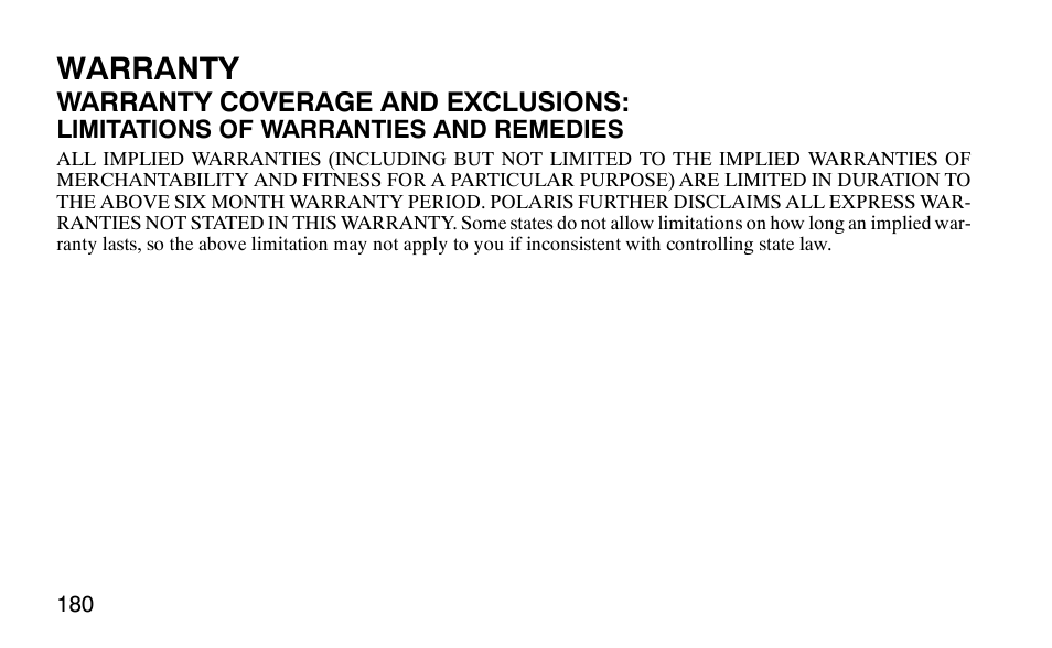 Warranty | Polaris Predator User Manual | Page 183 / 189