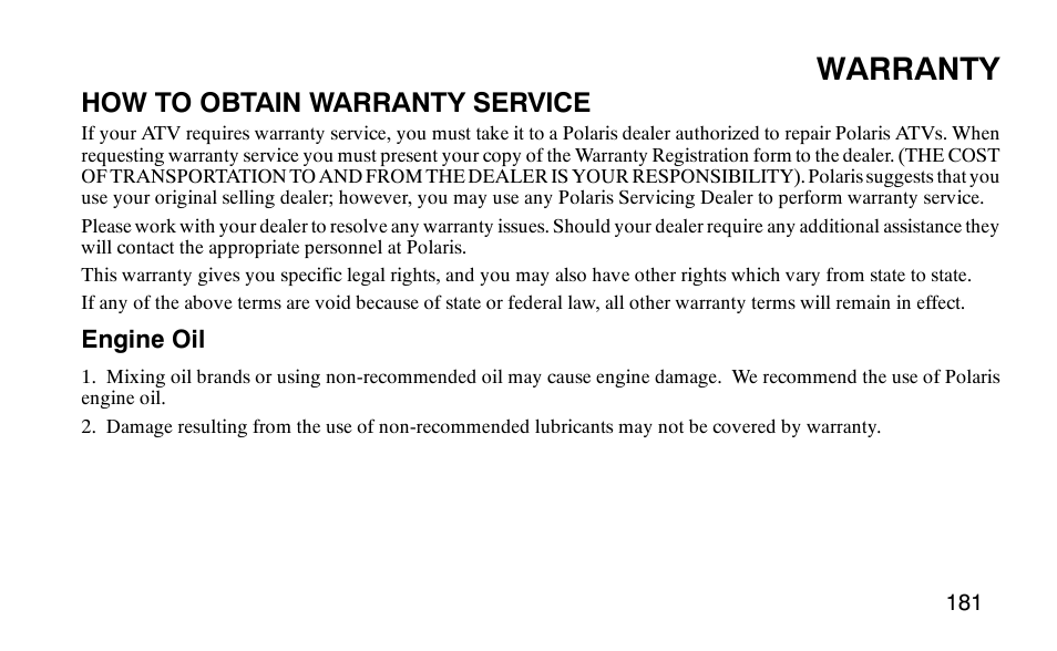 Warranty | Polaris Predator User Manual | Page 184 / 189