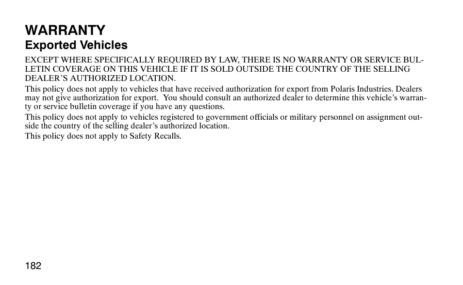 Warranty | Polaris Predator User Manual | Page 185 / 189