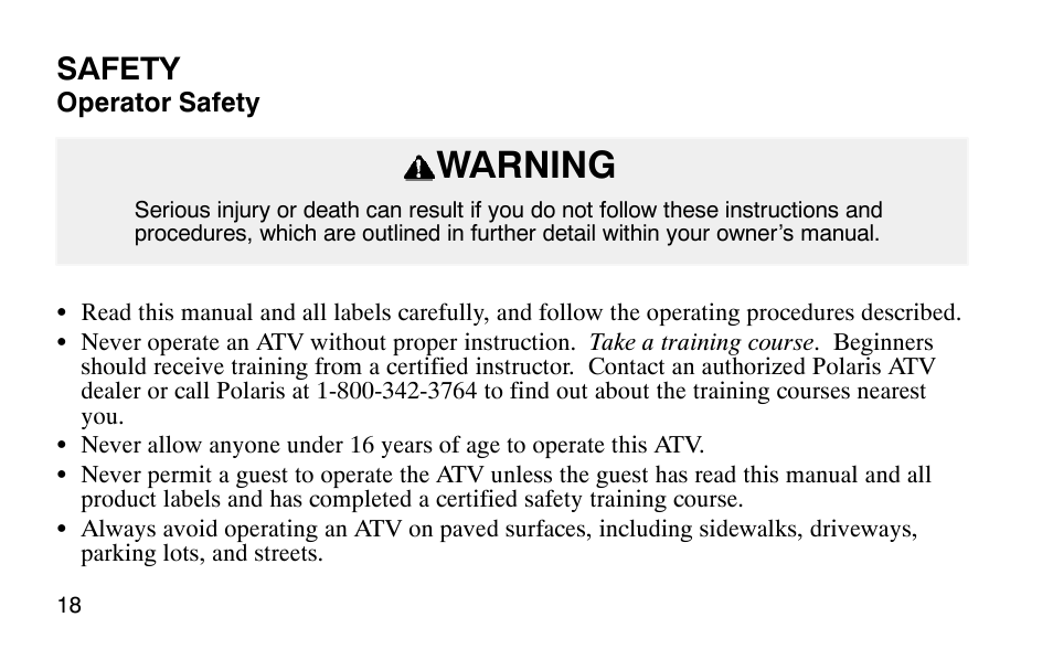 Warning, Safety | Polaris Predator User Manual | Page 21 / 189