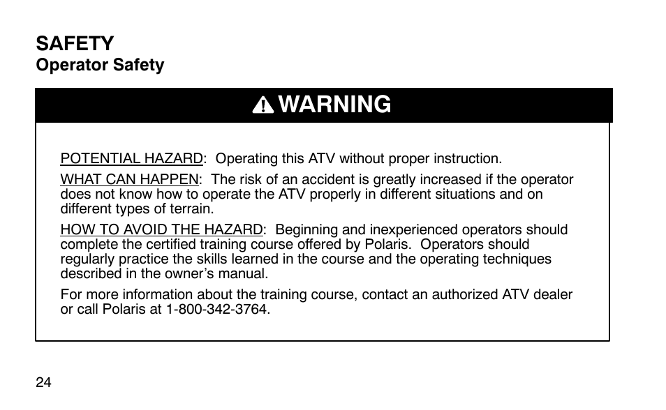 Warning, Safety | Polaris Predator User Manual | Page 27 / 189