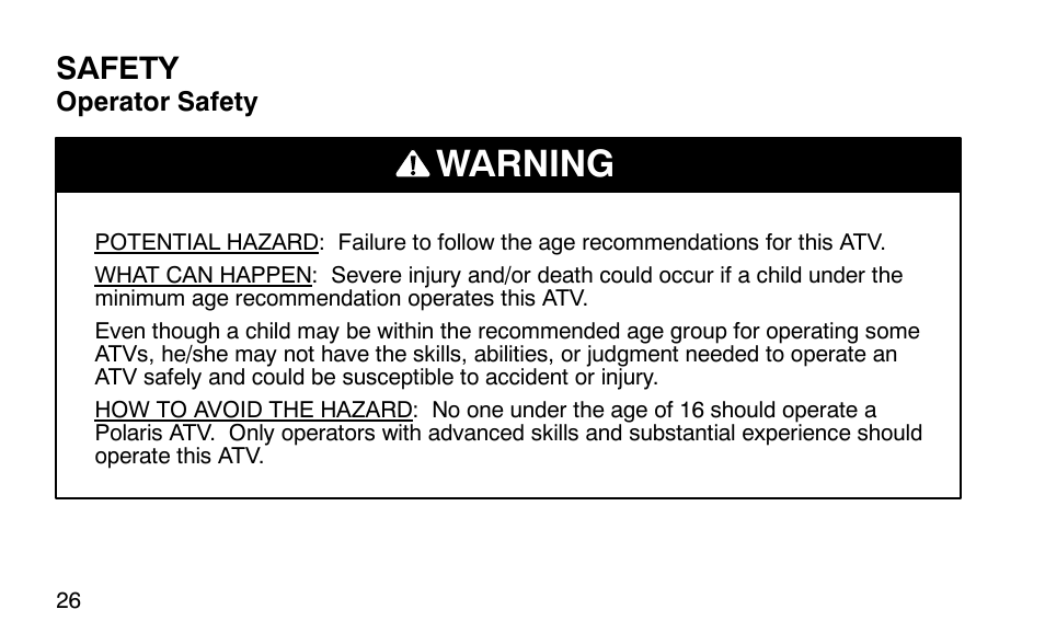 Warning, Safety | Polaris Predator User Manual | Page 29 / 189