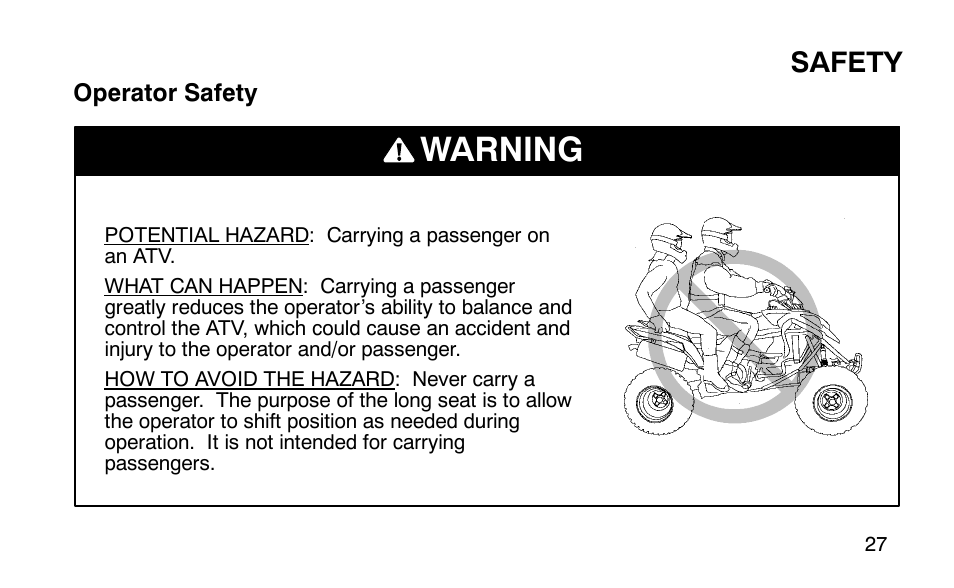 Warning, Safety | Polaris Predator User Manual | Page 30 / 189