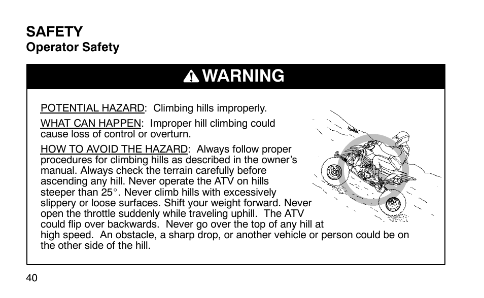 Warning, Safety | Polaris Predator User Manual | Page 43 / 189