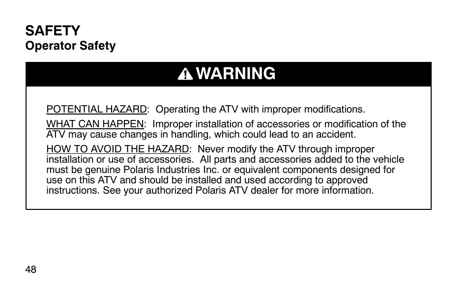 Warning, Safety | Polaris Predator User Manual | Page 51 / 189