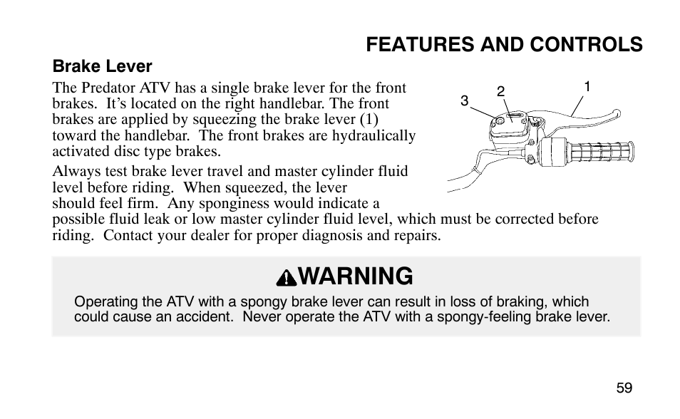 Warning, Features and controls | Polaris Predator User Manual | Page 62 / 189