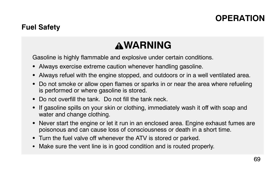 Warning, Operation | Polaris Predator User Manual | Page 72 / 189
