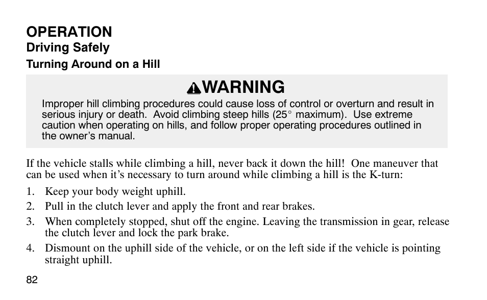 Warning, Operation | Polaris Predator User Manual | Page 85 / 189