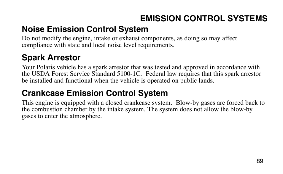 Spark arrestor, Crankcase emission control system | Polaris Predator User Manual | Page 92 / 189