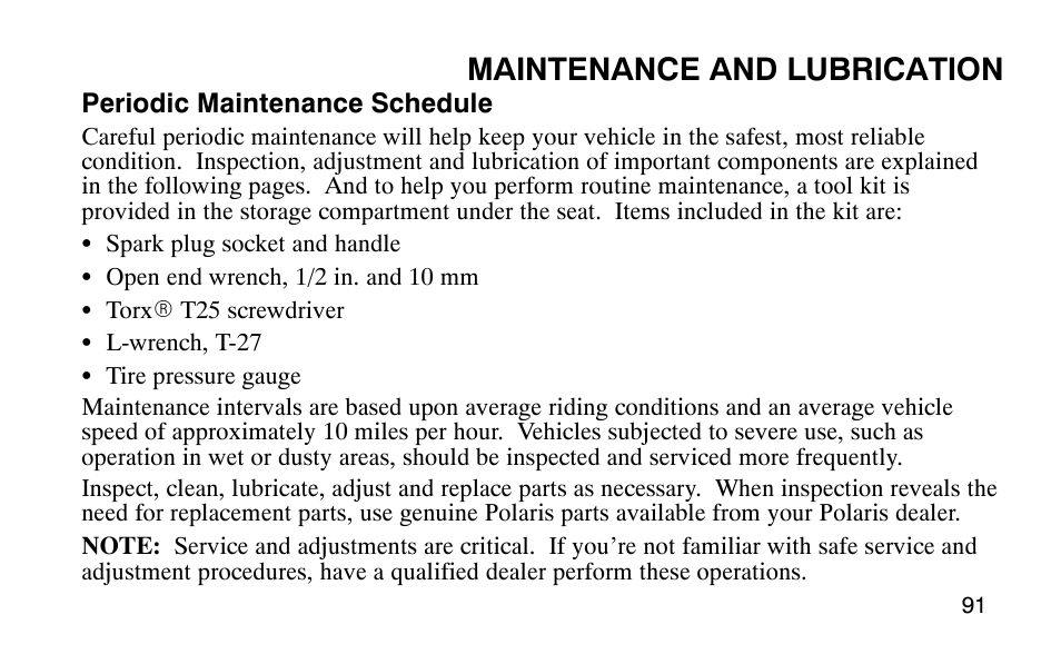 Maintenance and lubrication | Polaris Predator User Manual | Page 94 / 189